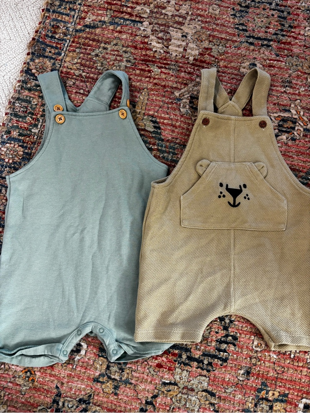 Baby Knit Overalls Romper Duo - Sage Green & Khaki with Bear Pocket